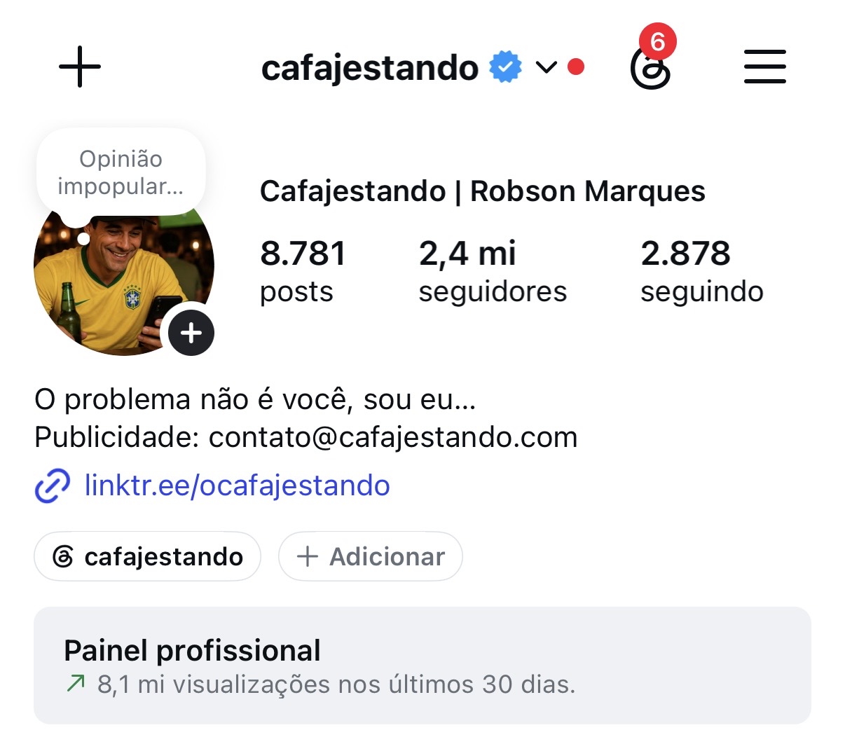 Perfil Cafajestando com 2,4 milhões de seguidores e 8,1 milhões de visualizações em 30 dias
