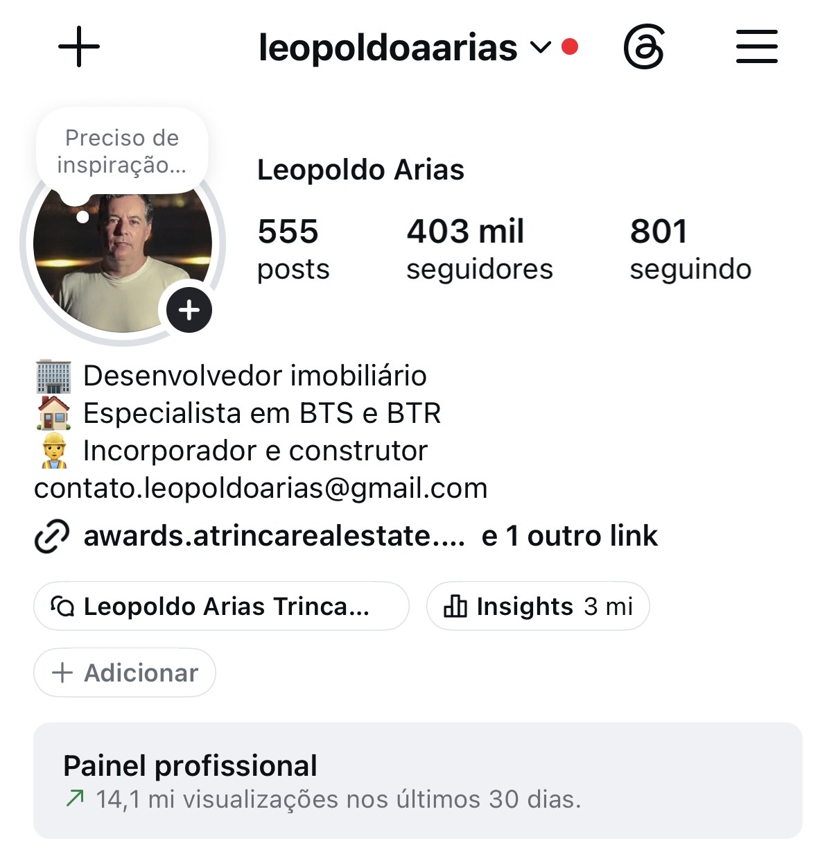 Perfil atual de Leopoldo Arias com 403 mil seguidores e 14,1 milhões de visualizações em 30 dias